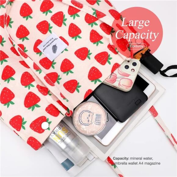 Corduroy Tote Bag Large Shoulder Bag Reusable Grocery Travel School Handbag - Picture 3 of 7